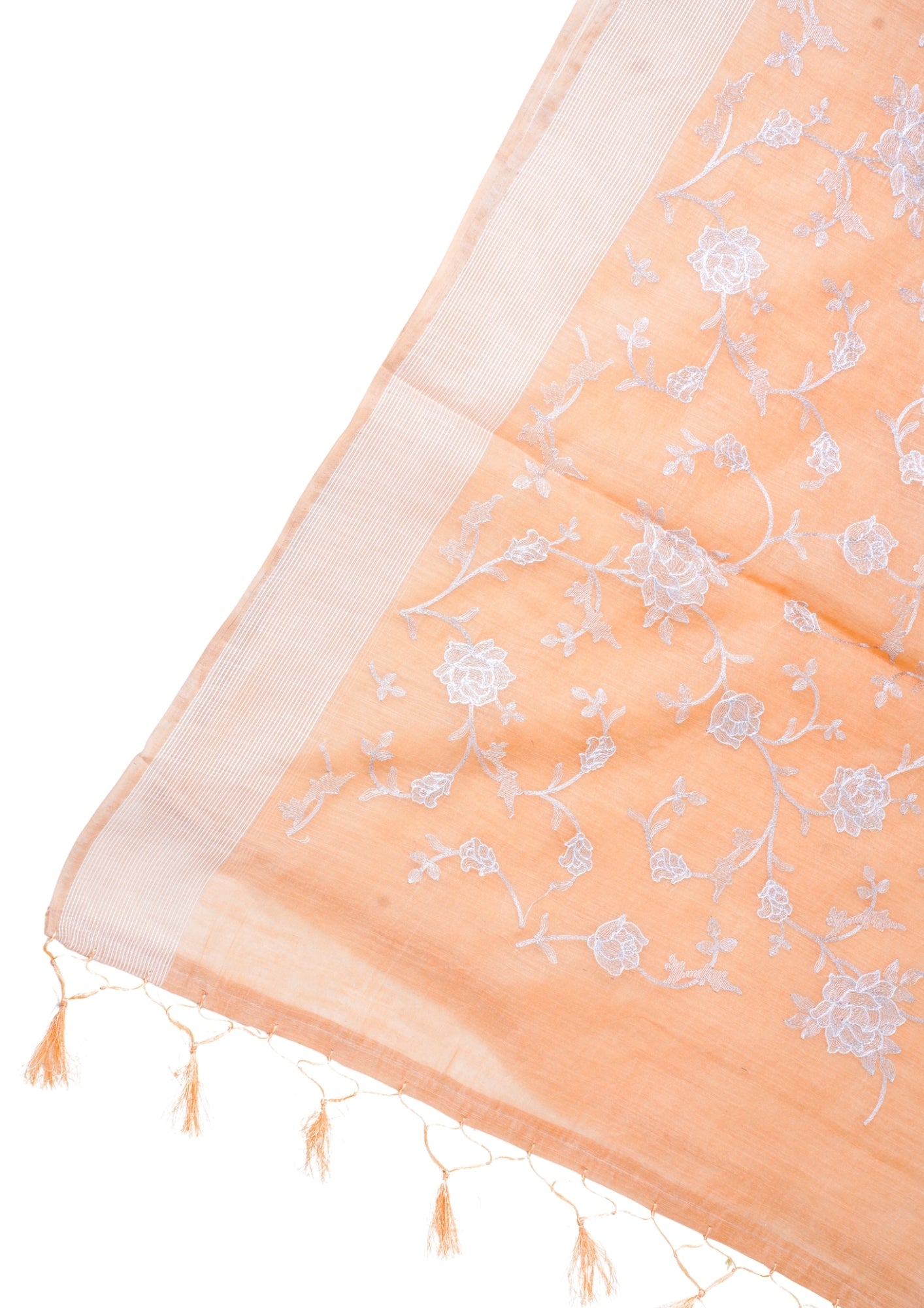 Peach Pure Linen Saree with White Chikankari Embroidery