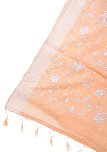 Peach Pure Linen Saree with White Chikankari Embroidery