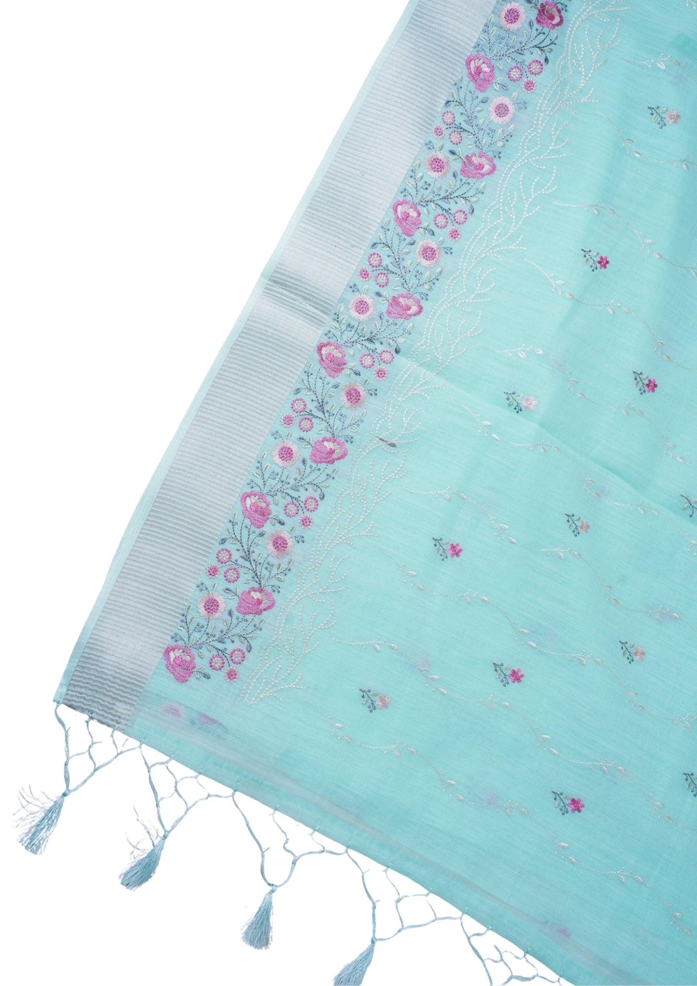 Mint Green Cotton Saree with Minakari Floral Embroidery