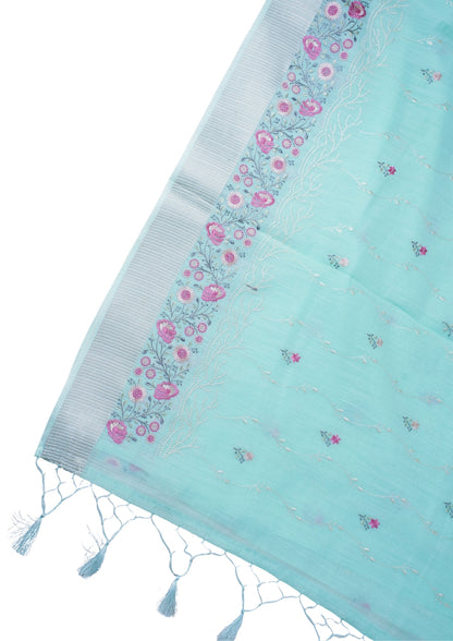 Mint Green Cotton Saree with Minakari Floral Embroidery