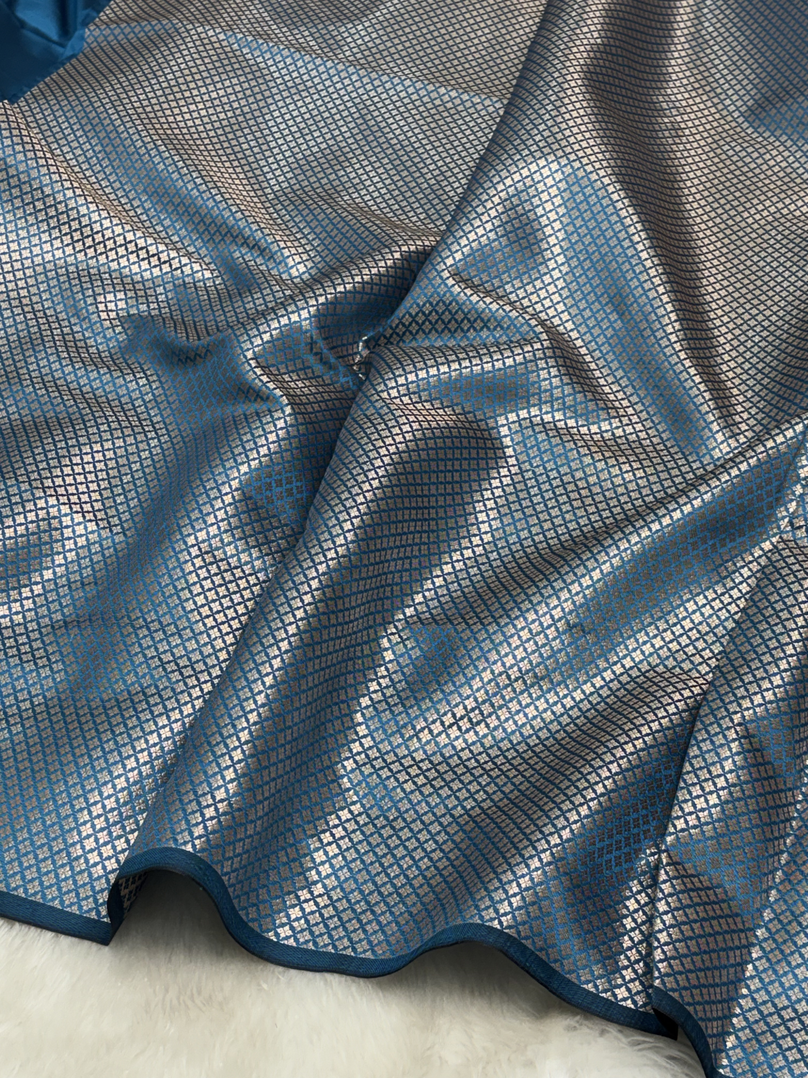 Royal Sea Blue Scallops Border Banarasi Katan Buti Saree