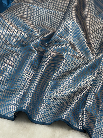 Royal Sea Blue Scallops Border Banarasi Katan Buti Saree