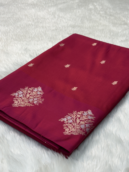 Crimson Red Banarasi Katan Silk Saree with Satin Border