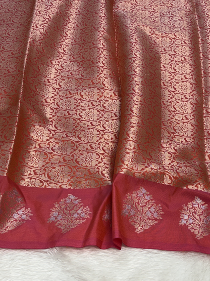 Sunset Rust Orange Banarasi Katan Silk Saree with Satin Border