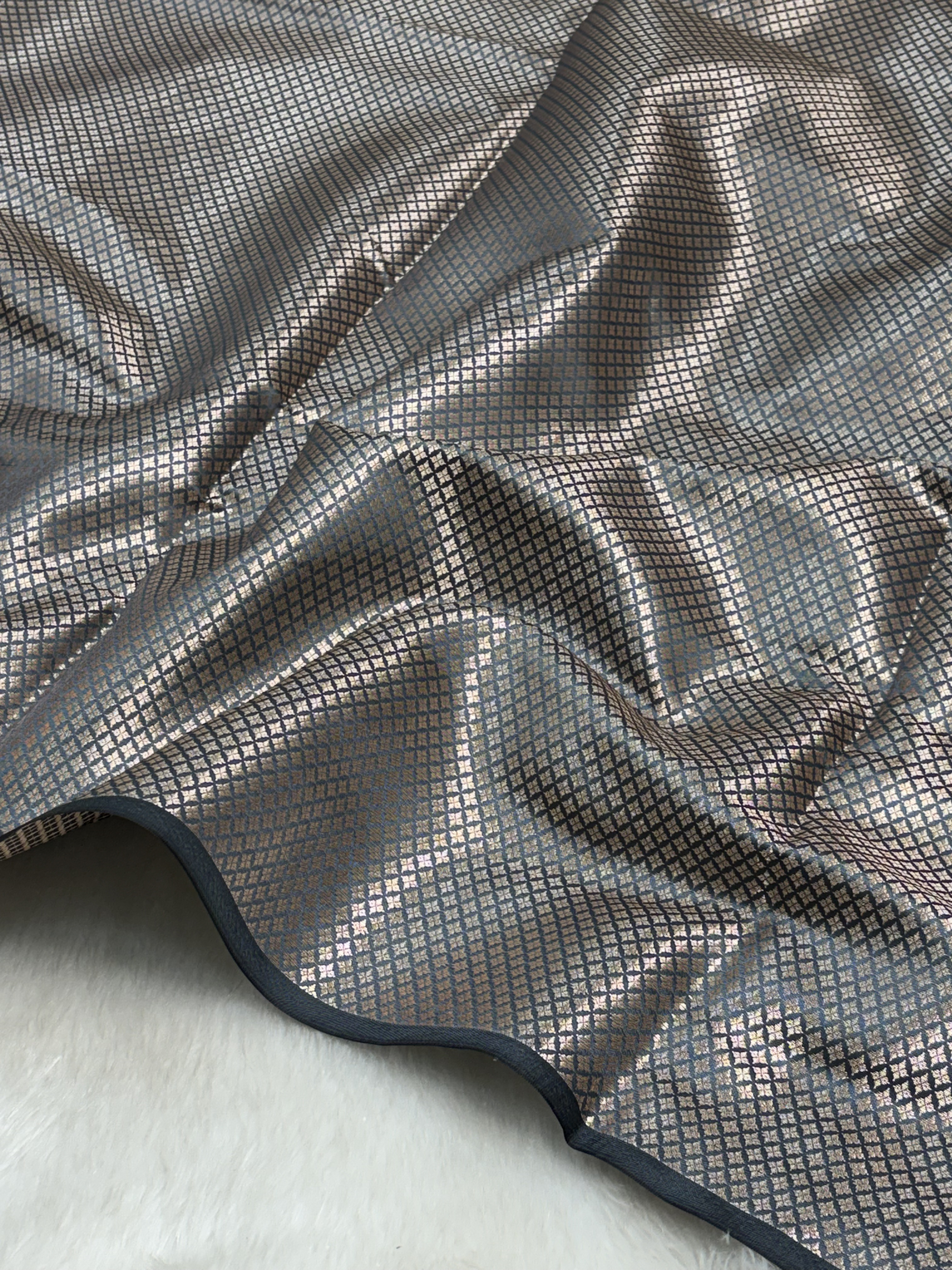 Smoky Steel Grey Scallops Border Banarasi Katan Buti Saree