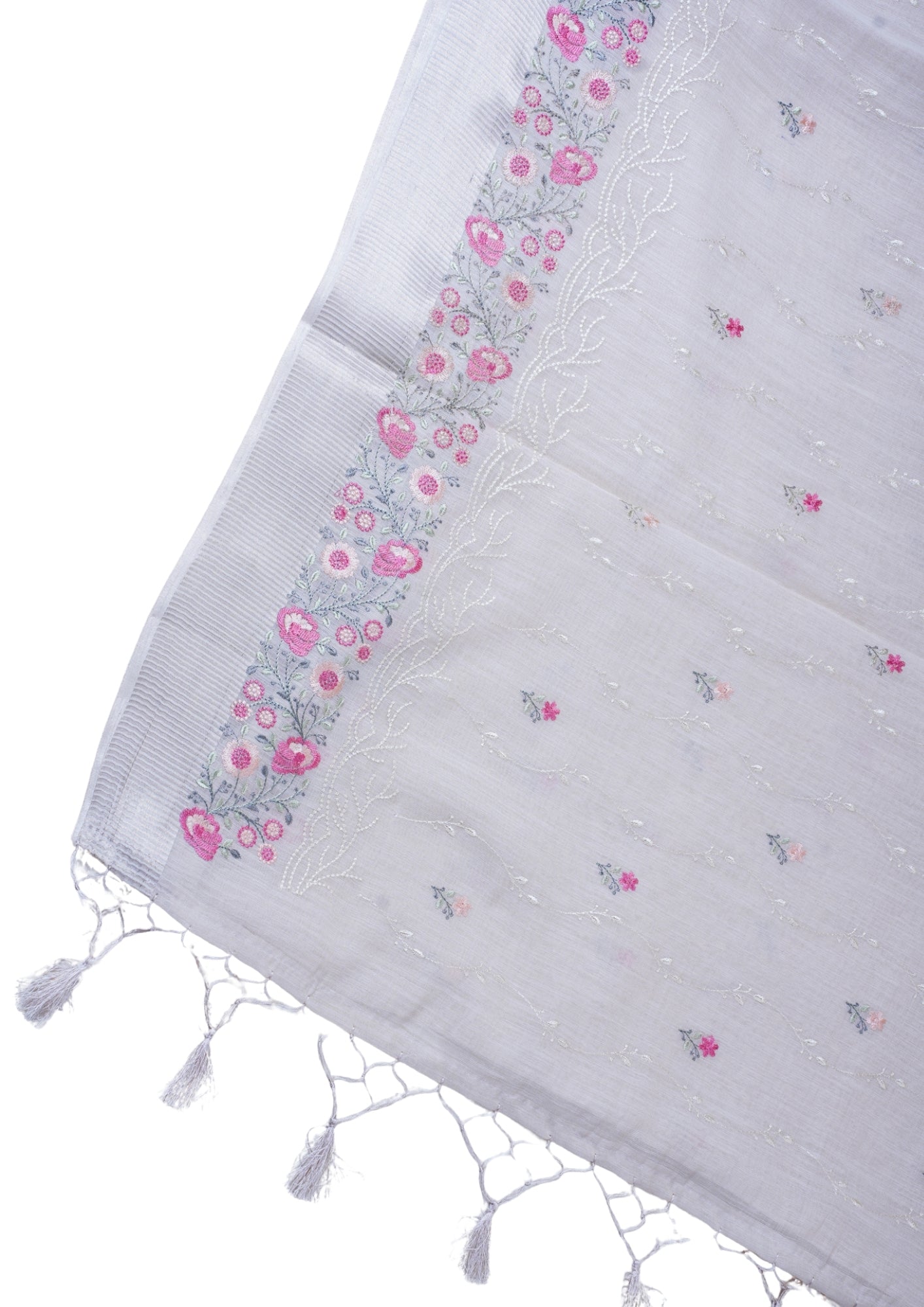 Ivory White Cotton Saree with Minakari Floral Embroidery