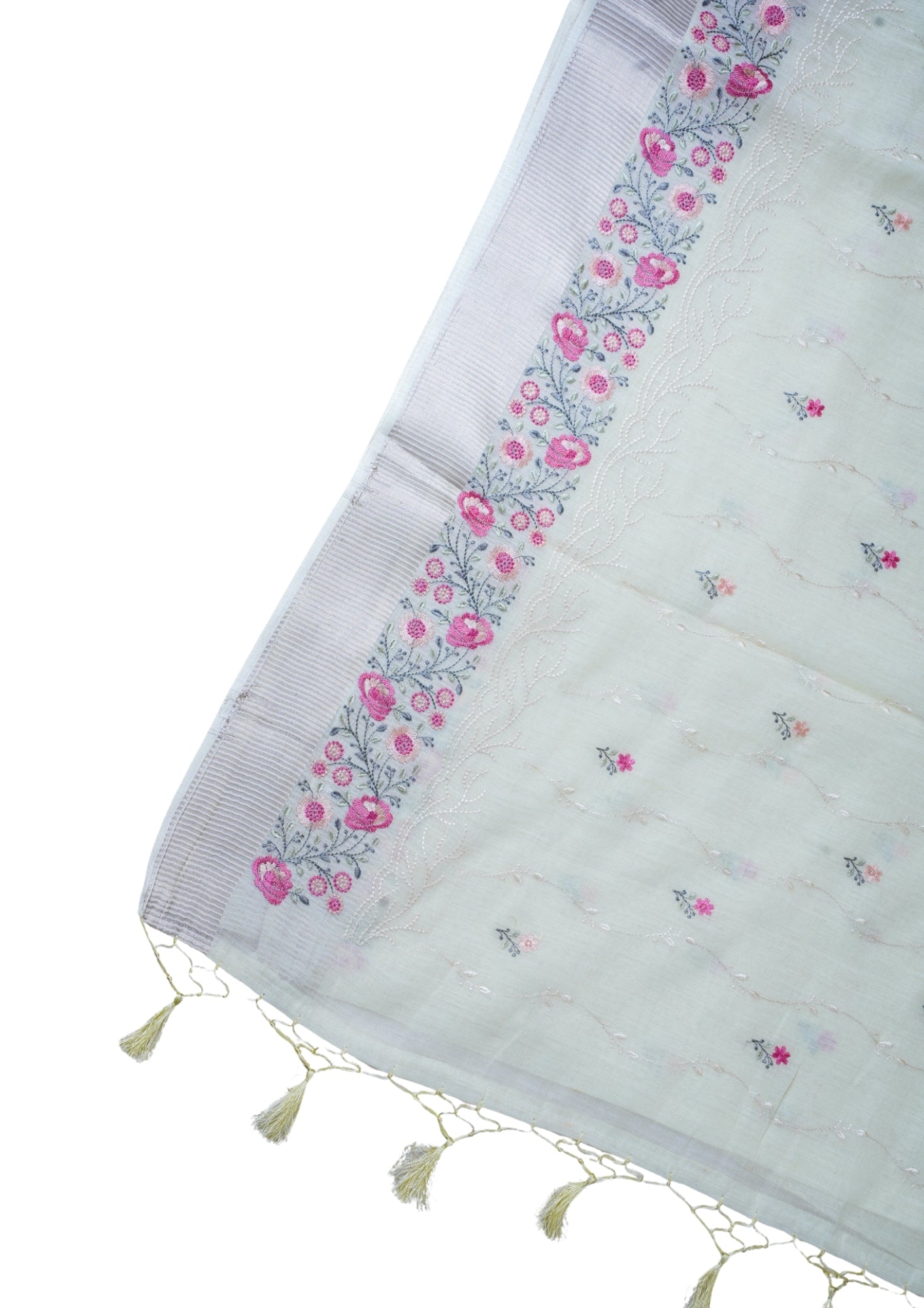 Lemon White Cotton Saree with Minakari Floral Embroidery