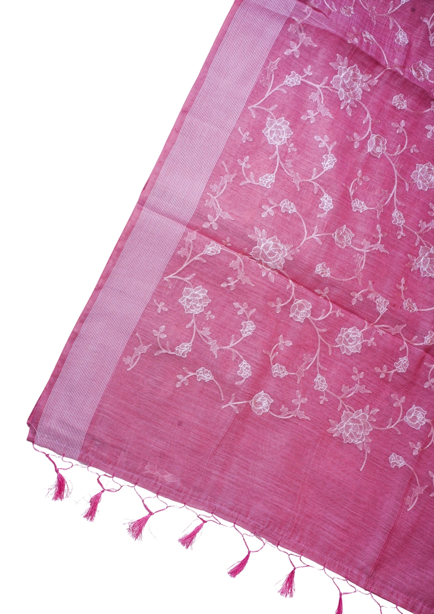 Rose Pink Linen Saree with White Chikankari Embroidery
