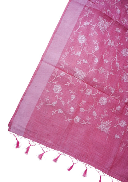 Rose Pink Linen Saree with White Chikankari Embroidery
