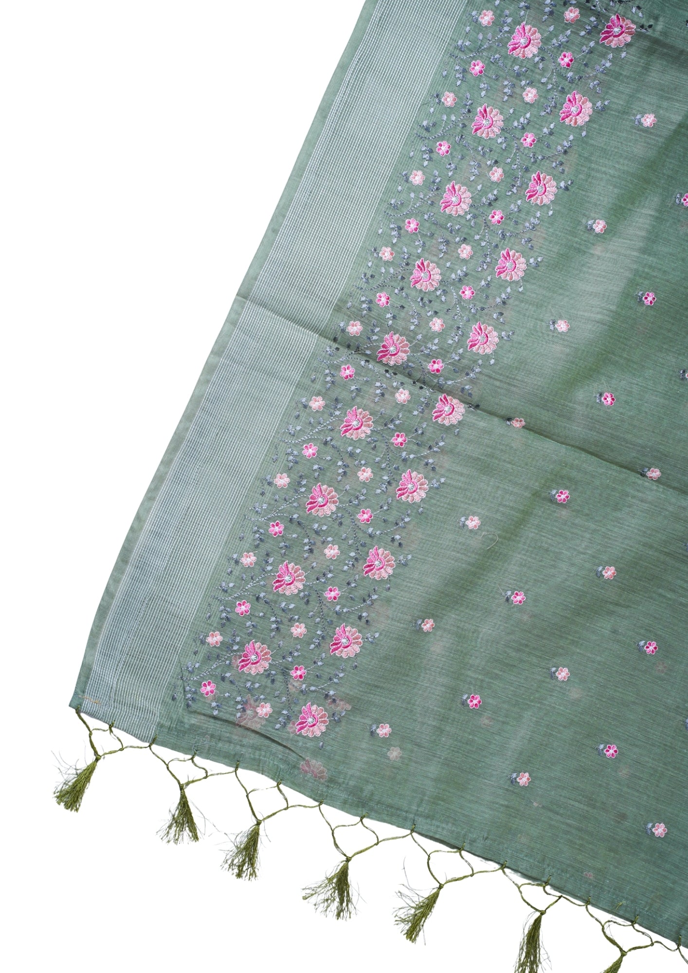 Olive Green Linen Saree with Multicolor Chikankari Embroidery