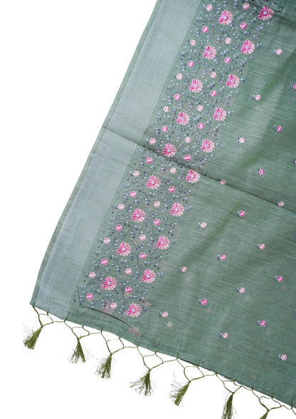 Olive Green Linen Saree with Multicolor Chikankari Embroidery