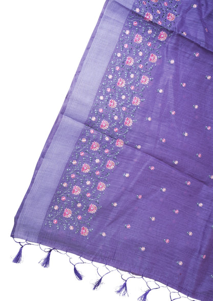 Purple Linen Saree with Multicolor Chikankari Embroidery
