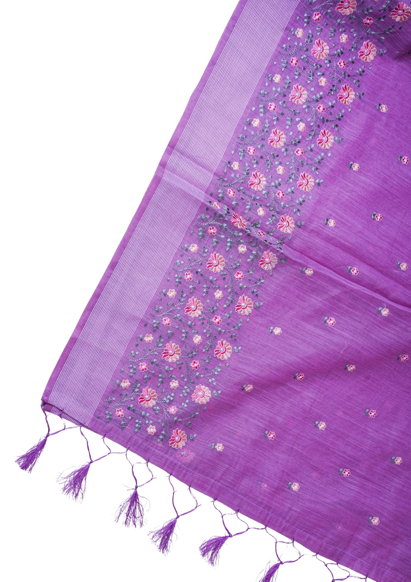 Lavender Linen Saree with Multicolor Chikankari Embroidery