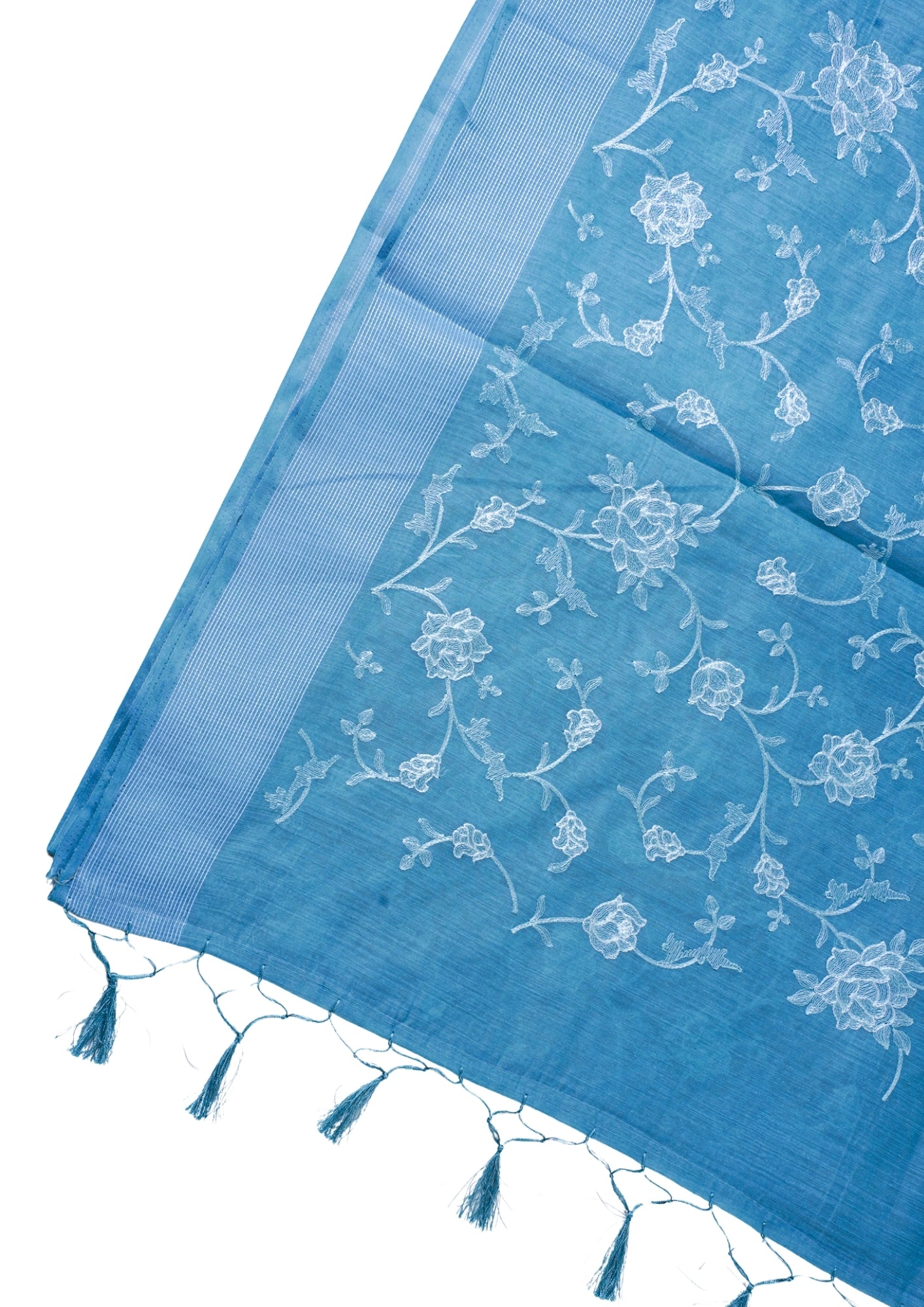 Sky Blue Linen Saree with White Chikankari Embroidery