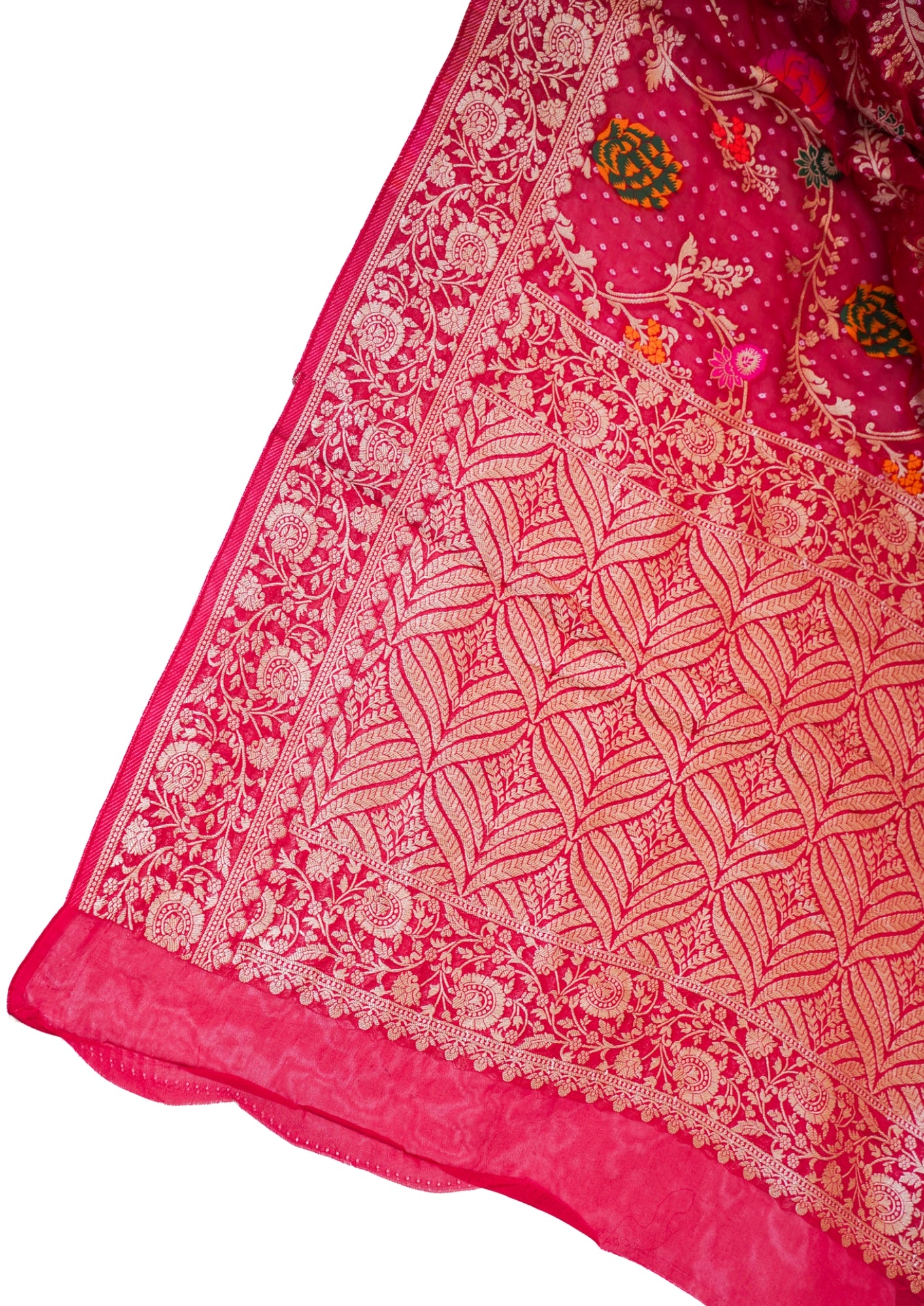 Rani Pink Khaddi Georgette Minakari Jaal Bandhej Saree