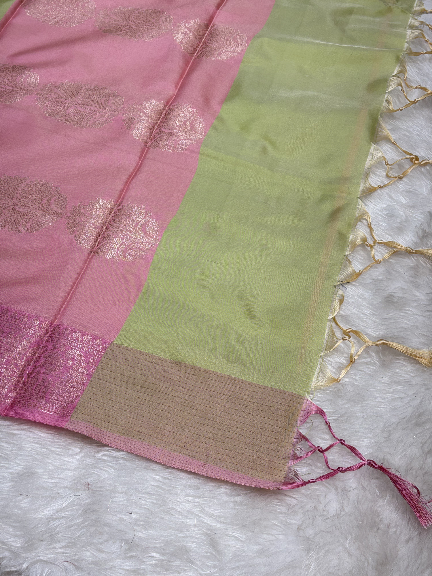 Olive Sage Green Soft Banarasi Katan Silk Buta Weaving Saree