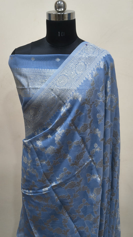 Powder Blue  Banarsi Cotton Silk Saree