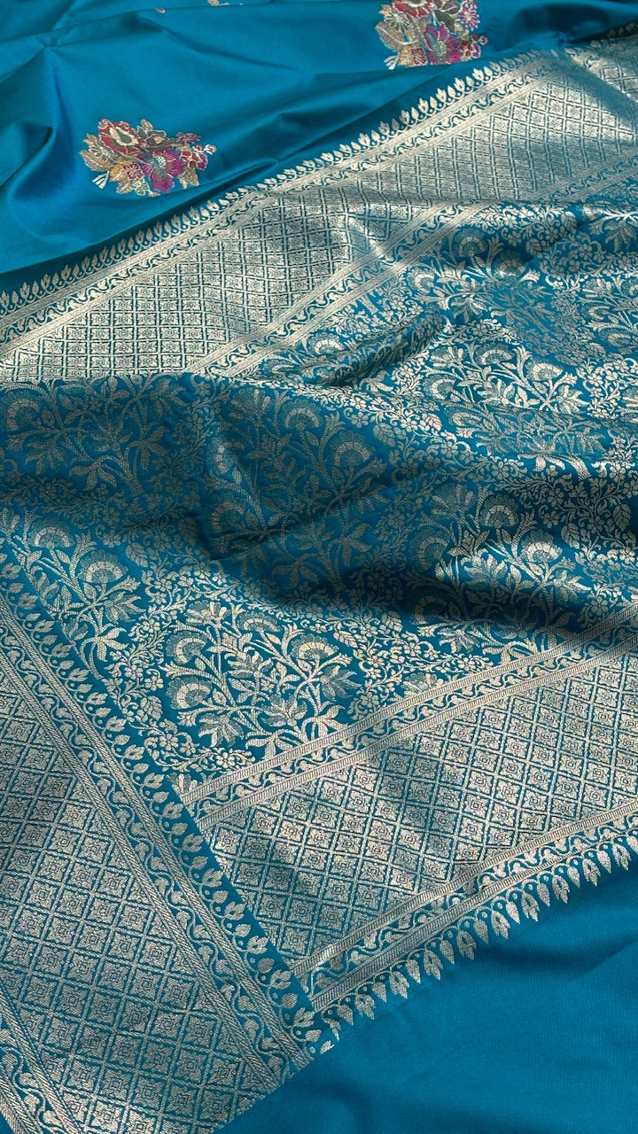 Teal Blue Banarasi premium katan silk saree