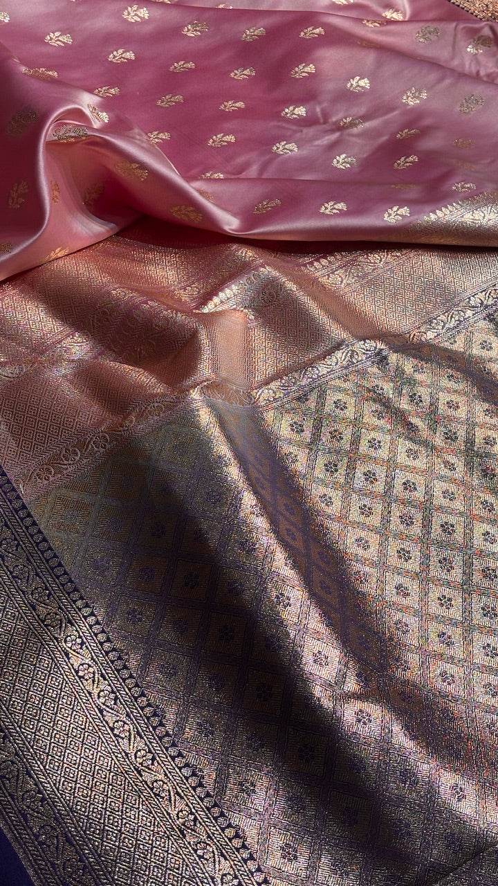 Dusty Rose Pink Banarasi Satin katan Silk