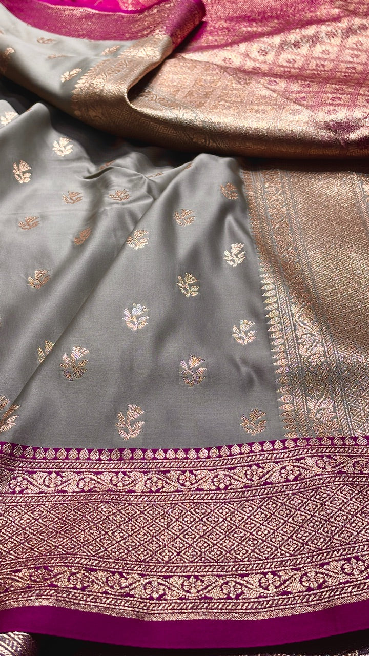 Grey Banarasi Satin katan Silk
