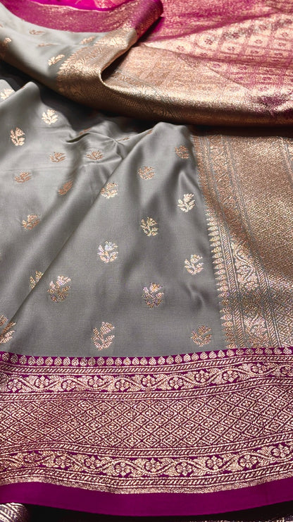 Grey Banarasi Satin katan Silk