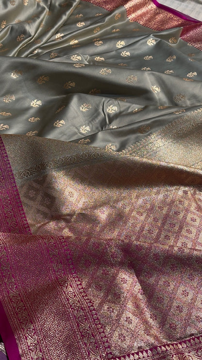 Grey Banarasi Satin katan Silk