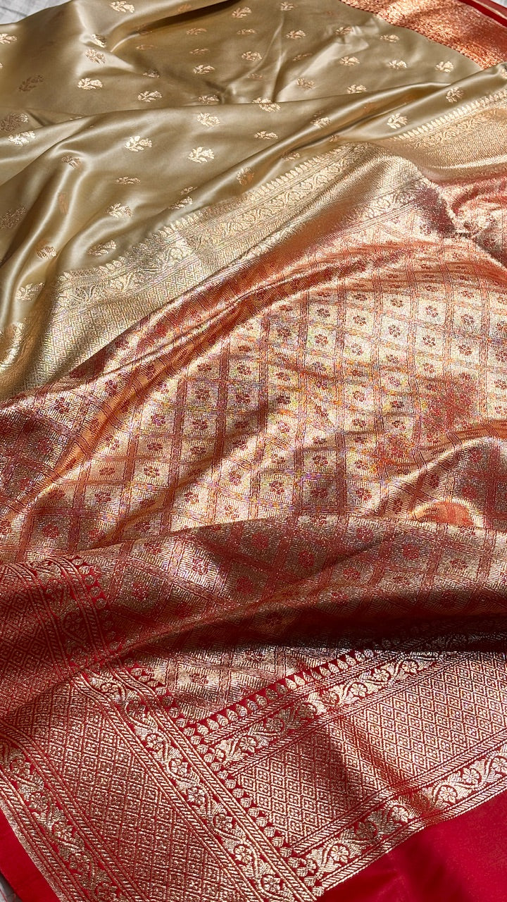 Champagne Beige Banarasi Satin katan Silk
