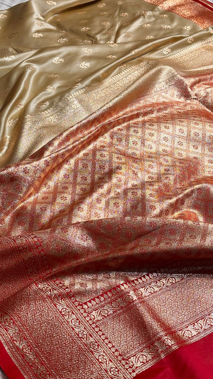 Champagne Beige Banarasi Satin katan Silk