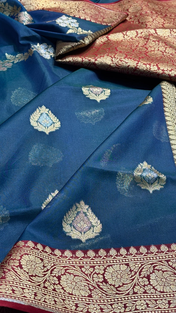 Teal Blue Banarasi Kora Organza Saree,