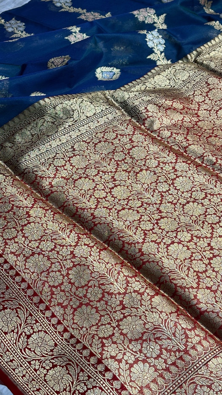 Teal Blue Banarasi Kora Organza Saree,