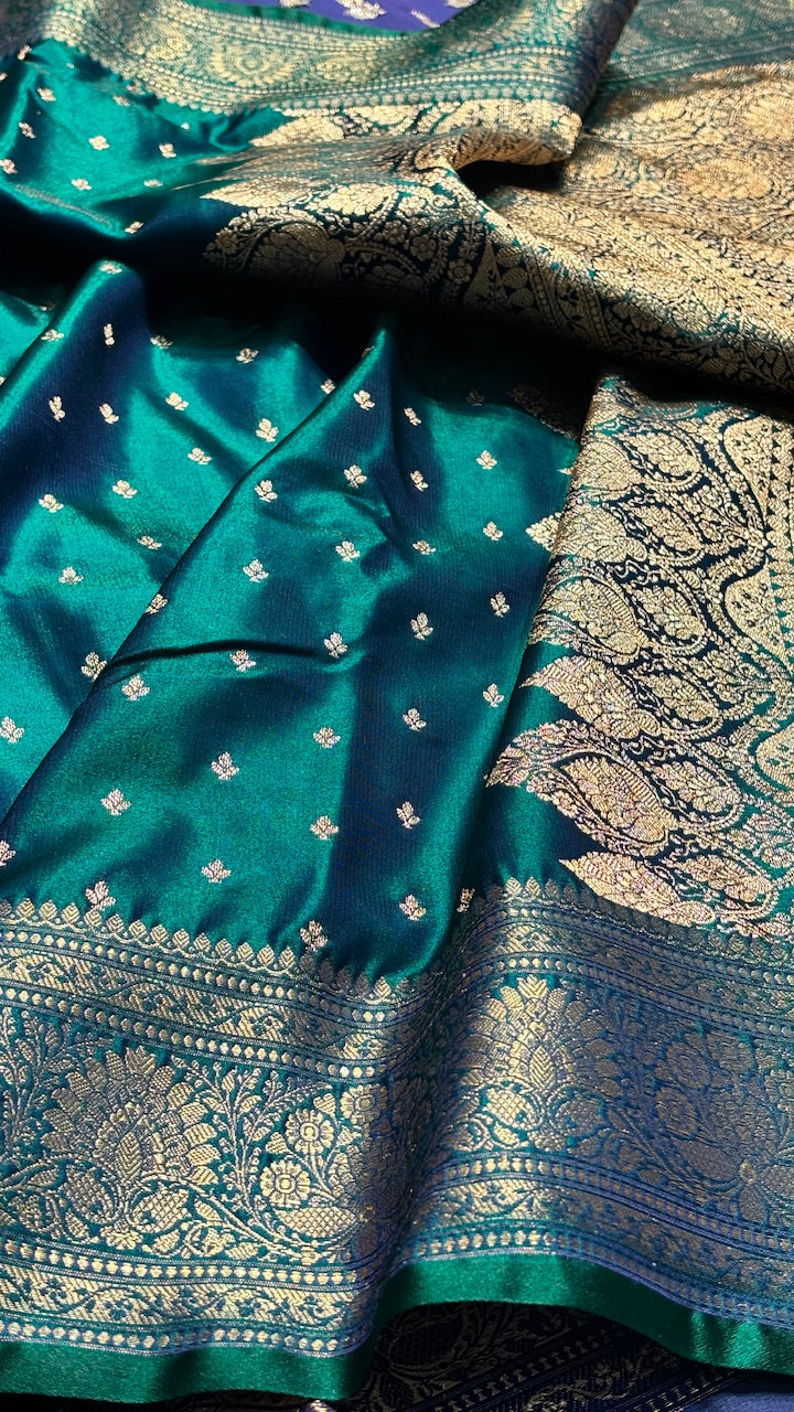 Emerald Teal Blue Banarasi Satin Silk