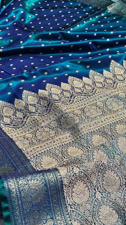 Emerald Teal Blue Banarasi Satin Silk