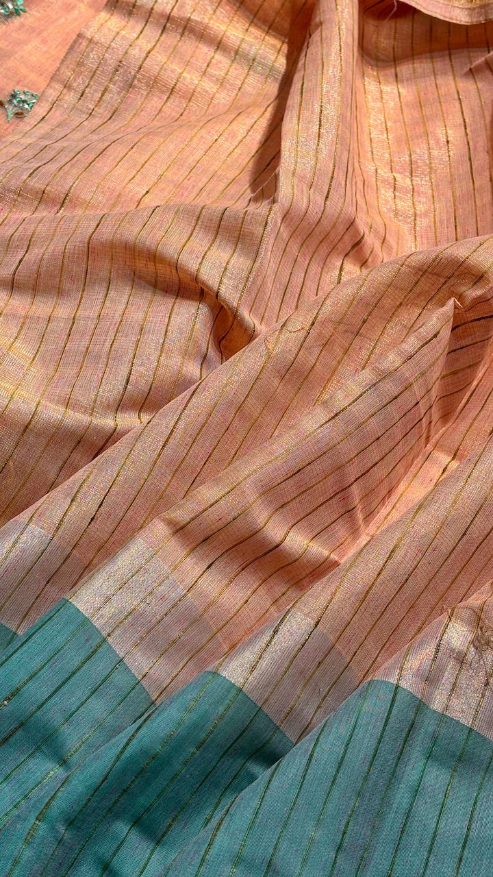 Peach Linen Saree with Floral Embroidery &amp; Aqua Green Border