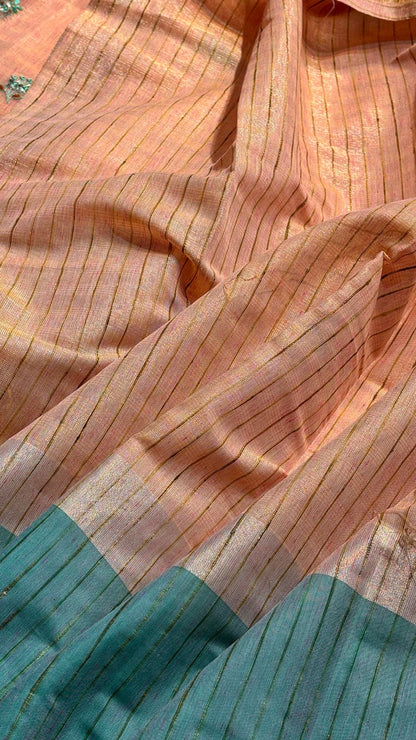 Peach Linen Saree with Floral Embroidery &amp; Aqua Green Border