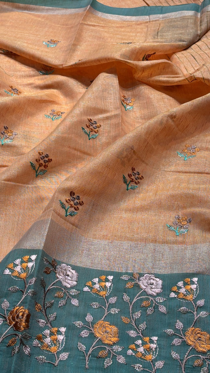 Peach Linen Saree with Floral Embroidery &amp; Aqua Green Border