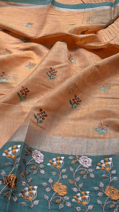 Peach Linen Saree with Floral Embroidery &amp; Aqua Green Border