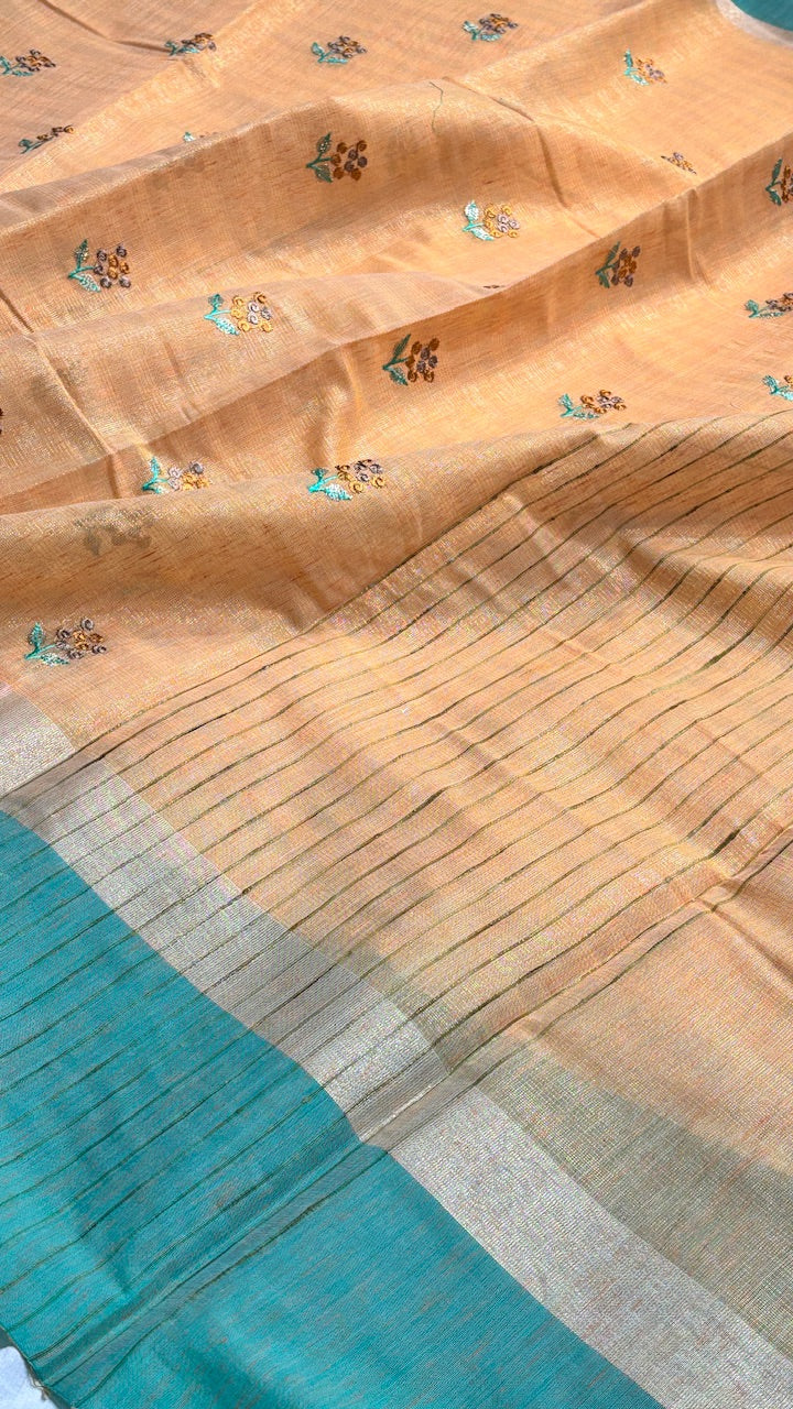Peach Linen Saree with Floral Embroidery &amp; Aqua Green Border