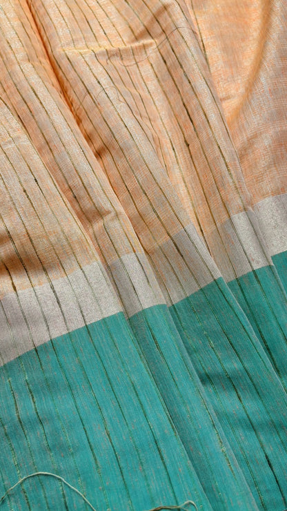 Peach Linen Saree with Floral Embroidery &amp; Aqua Green Border