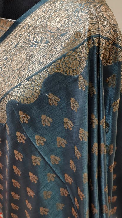 Teal Blue Banarasi Satin Silk