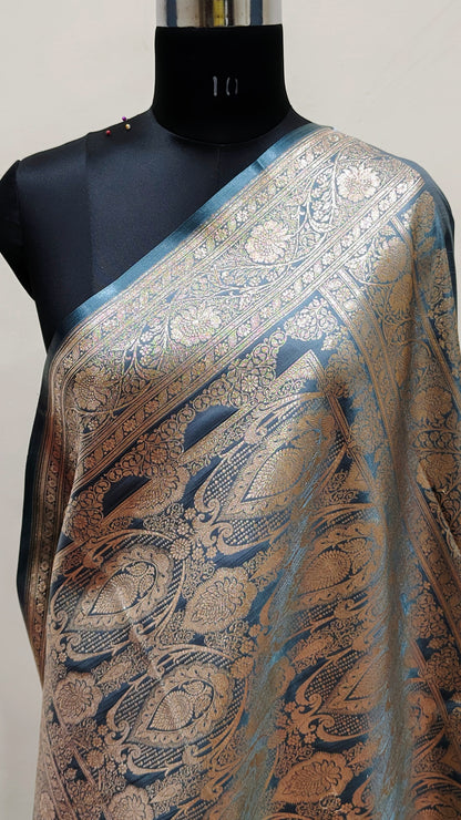 Teal Blue Banarasi Satin Silk