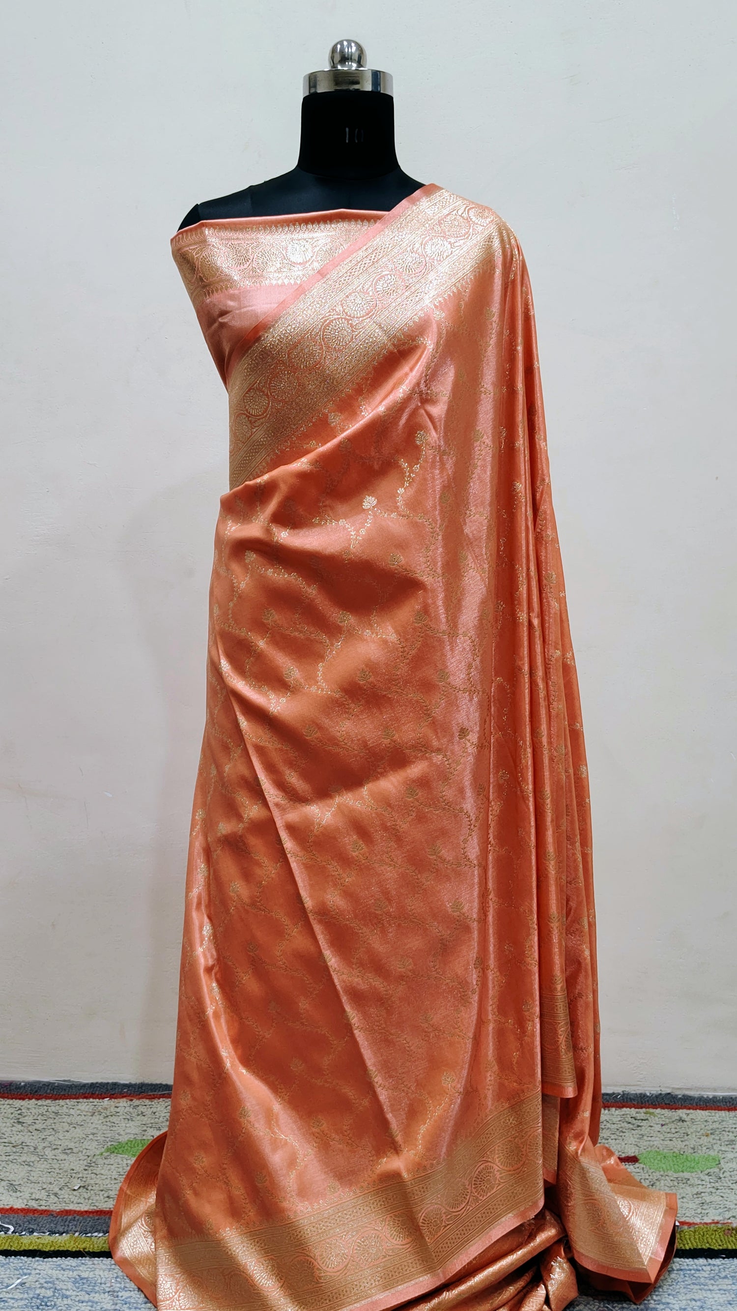 Peach Orange Banarasi Satin Silk