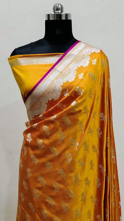 Rust Orange Banarasi Mashru Katan Silk Saree