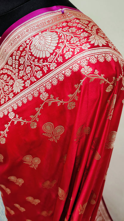 Apple Red Banarasi Mashru Katan Silk Saree