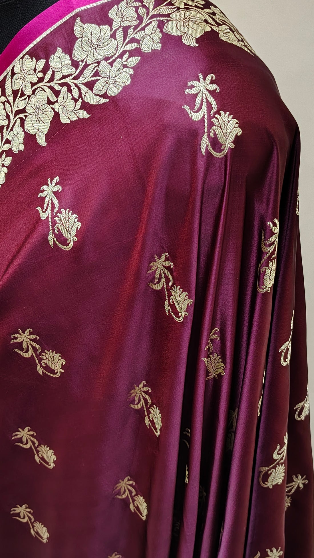 Wine Banarasi Mashru Katan Silk Saree