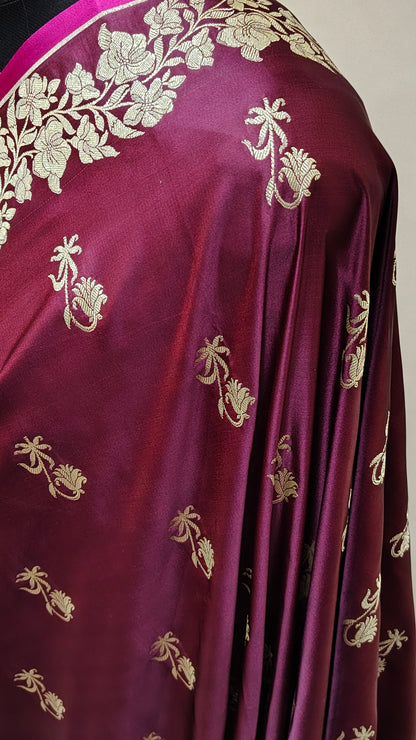 Wine Banarasi Mashru Katan Silk Saree
