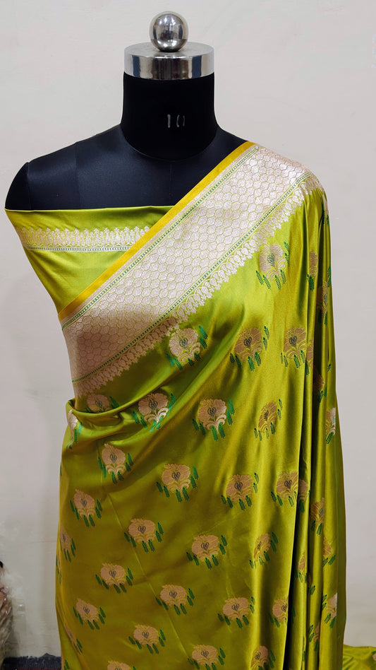 Parrot Green Banarasi Mashru Silk Saree