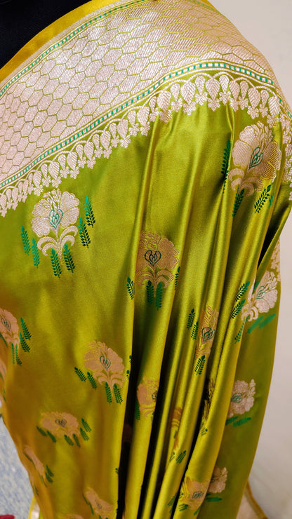 Parrot Green Banarasi Mashru Katan Silk Saree