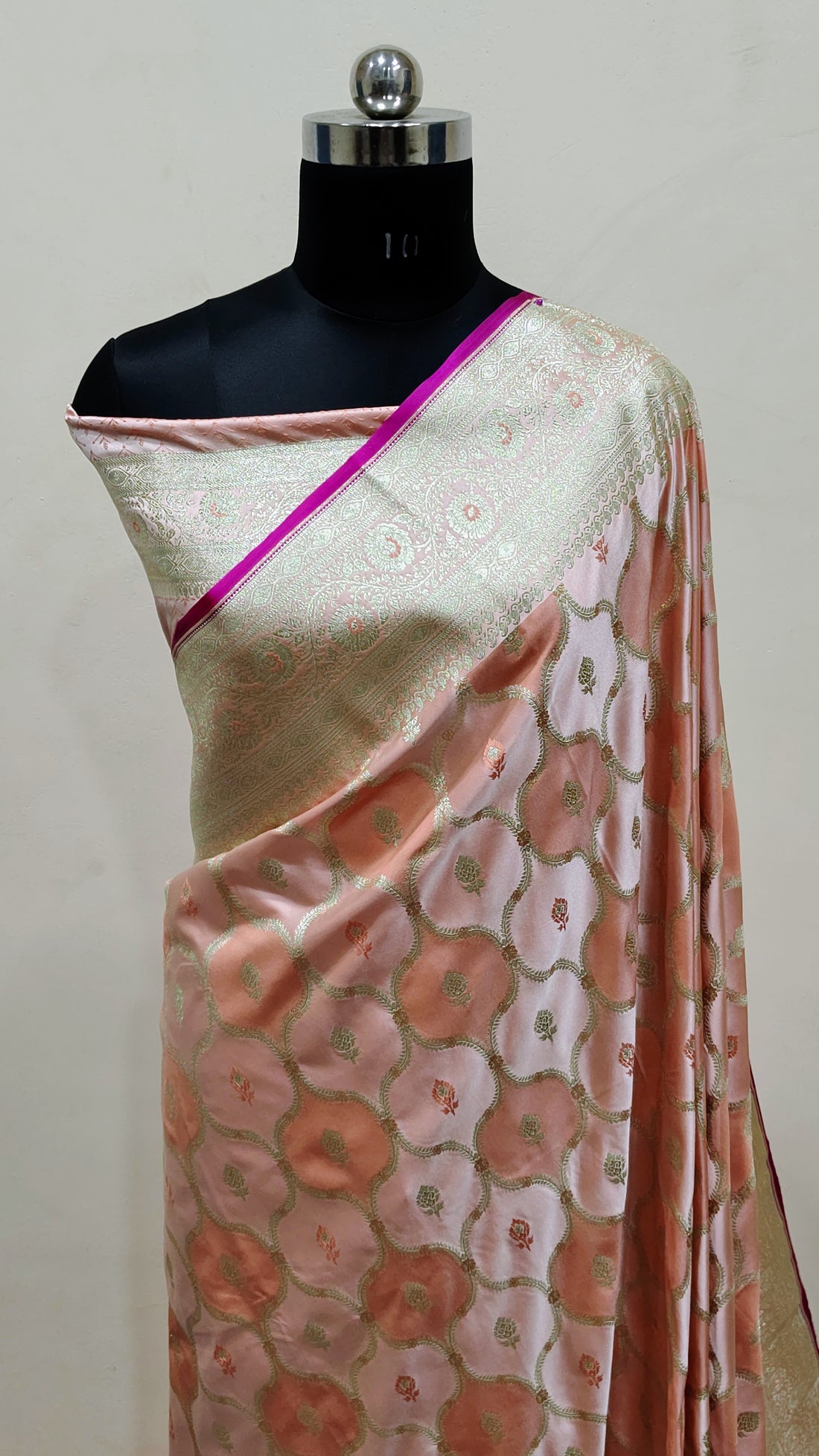 "Peach Pink Banarasi Mashru Katan Silk Saree