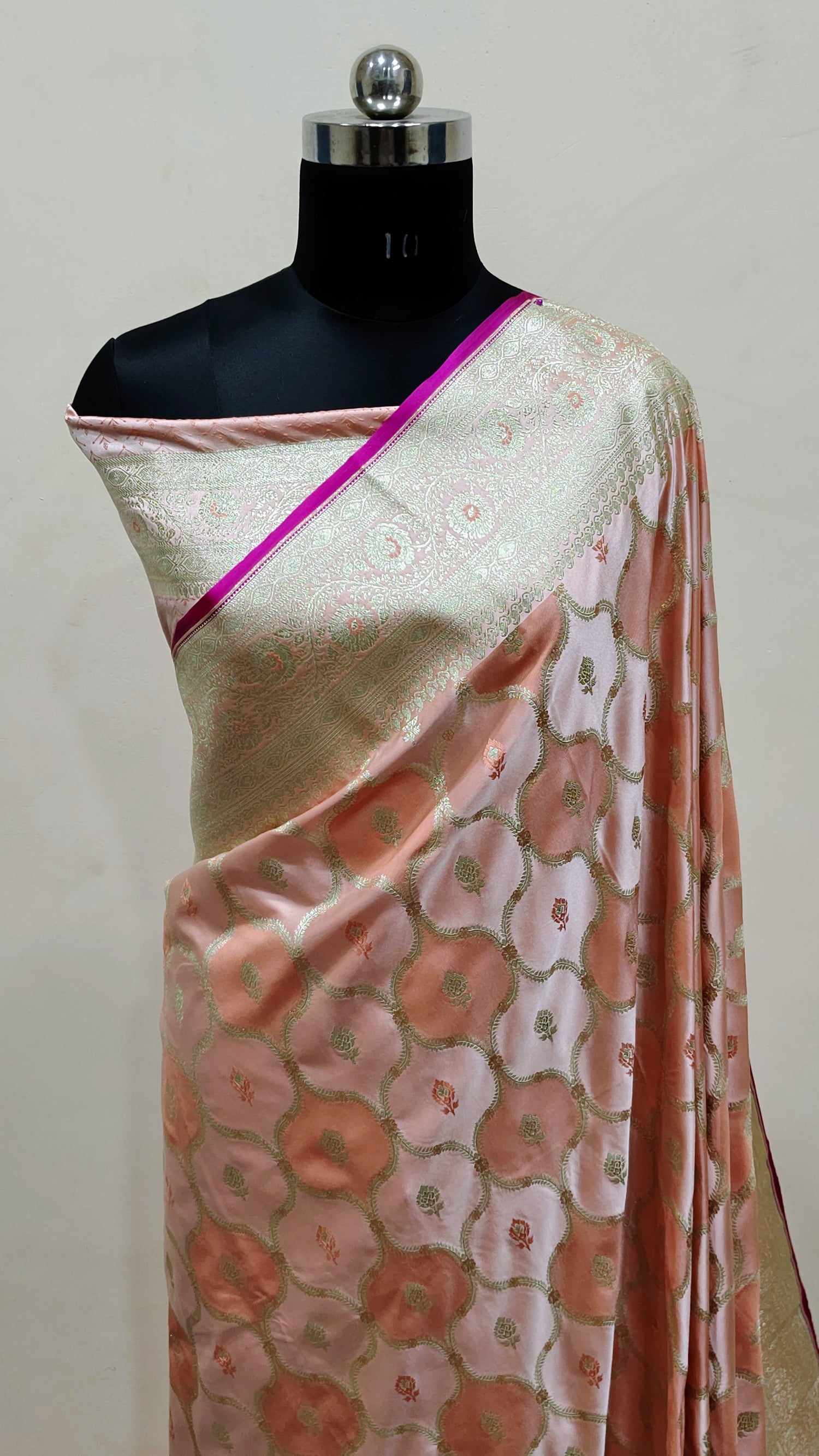 "Peach Pink Banarasi Mashru Katan Silk Saree