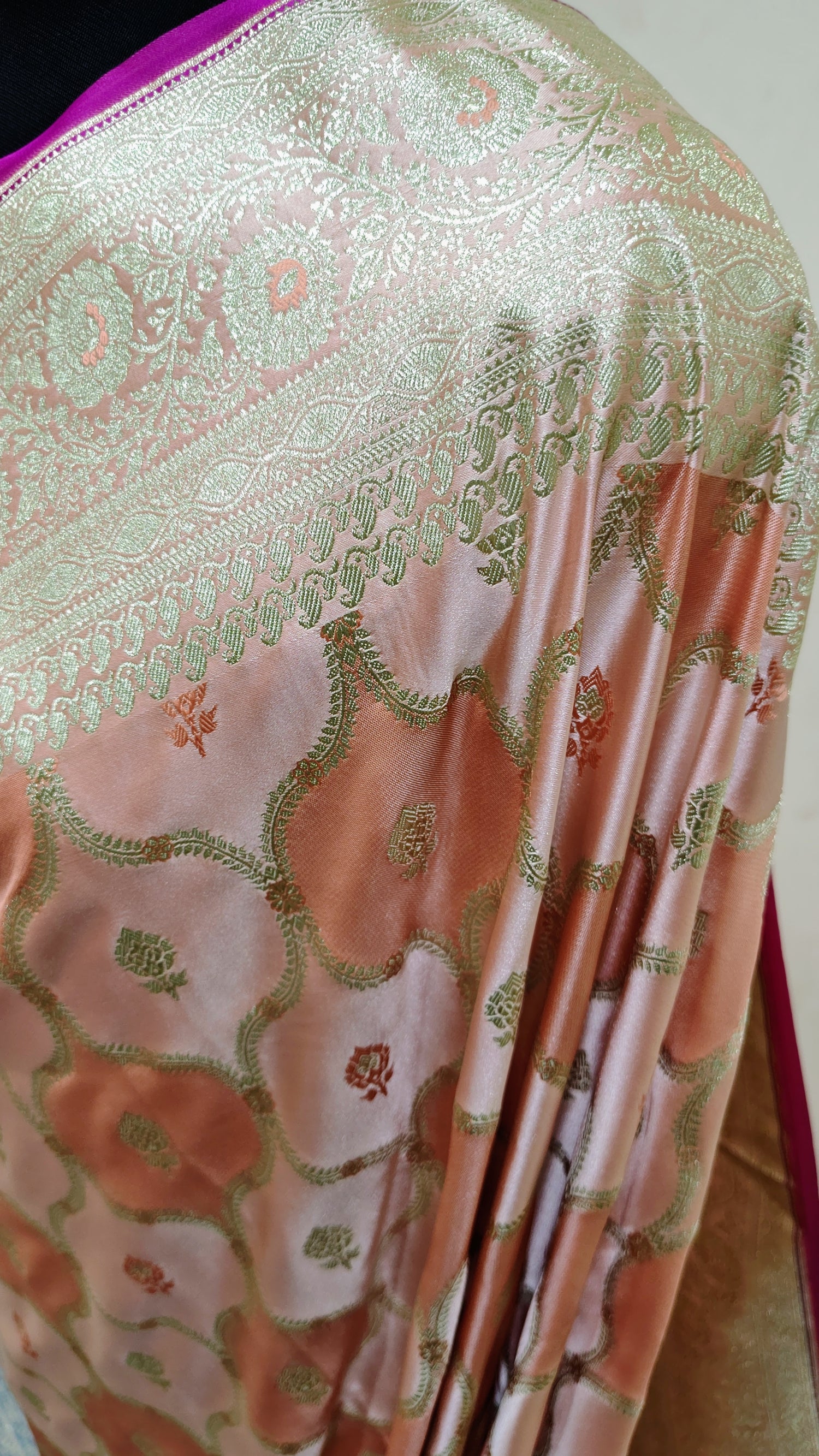 "Peach Pink Banarasi Mashru Katan Silk Saree